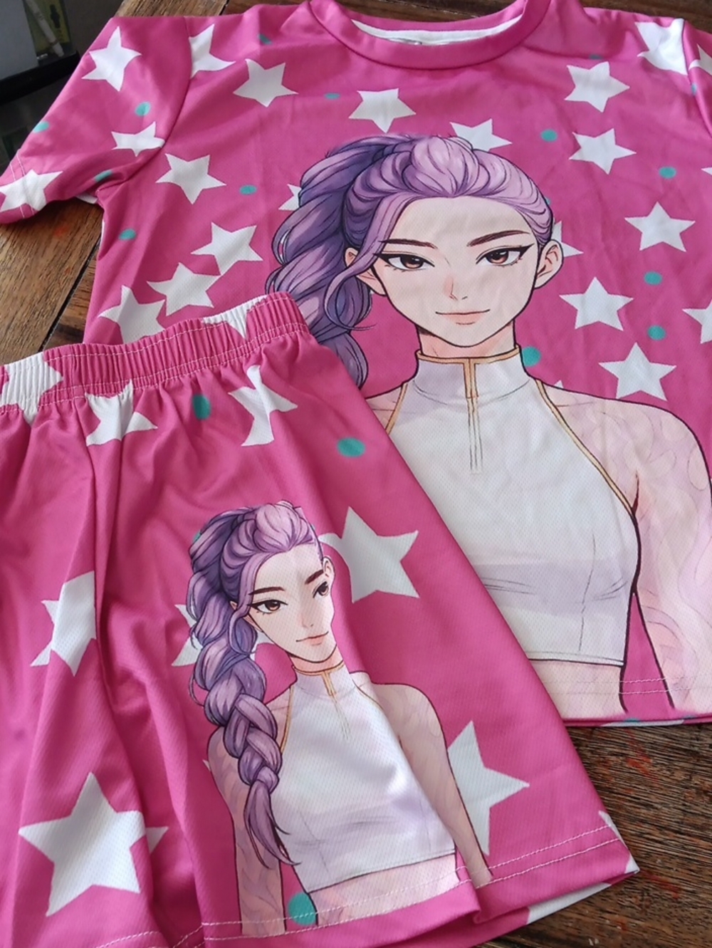 Kids Pink Star Graphic Short Set with Anime Print Rumi Demon Hunter